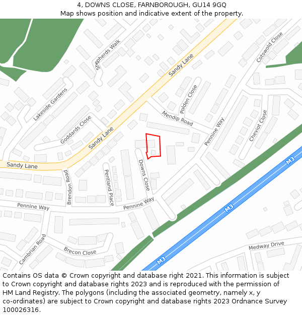 4, DOWNS CLOSE, FARNBOROUGH, GU14 9GQ: Location map and indicative extent of plot