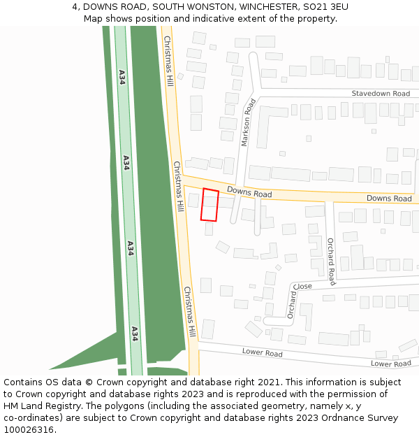 4, DOWNS ROAD, SOUTH WONSTON, WINCHESTER, SO21 3EU: Location map and indicative extent of plot