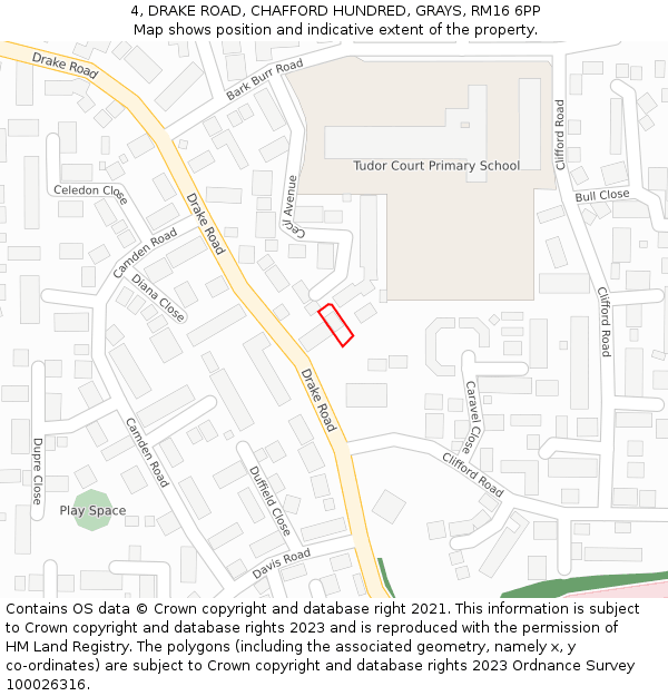 4, DRAKE ROAD, CHAFFORD HUNDRED, GRAYS, RM16 6PP: Location map and indicative extent of plot