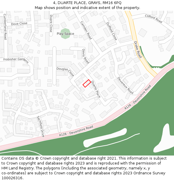 4, DUARTE PLACE, GRAYS, RM16 6PQ: Location map and indicative extent of plot