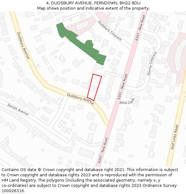 4, DUDSBURY AVENUE, FERNDOWN, BH22 8DU: Location map and indicative extent of plot