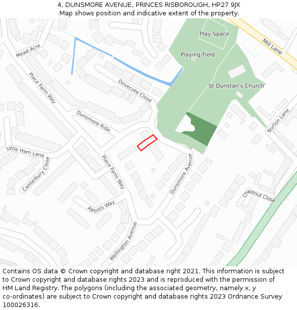 4, DUNSMORE AVENUE, PRINCES RISBOROUGH, HP27 9JX: Location map and indicative extent of plot