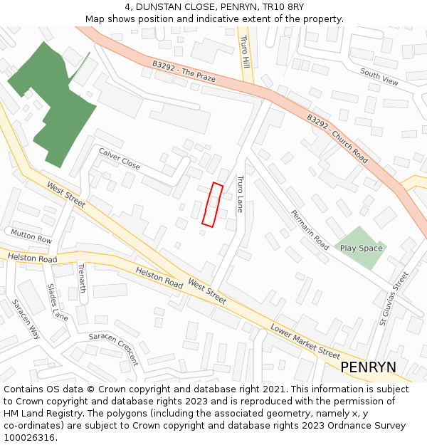 4, DUNSTAN CLOSE, PENRYN, TR10 8RY: Location map and indicative extent of plot