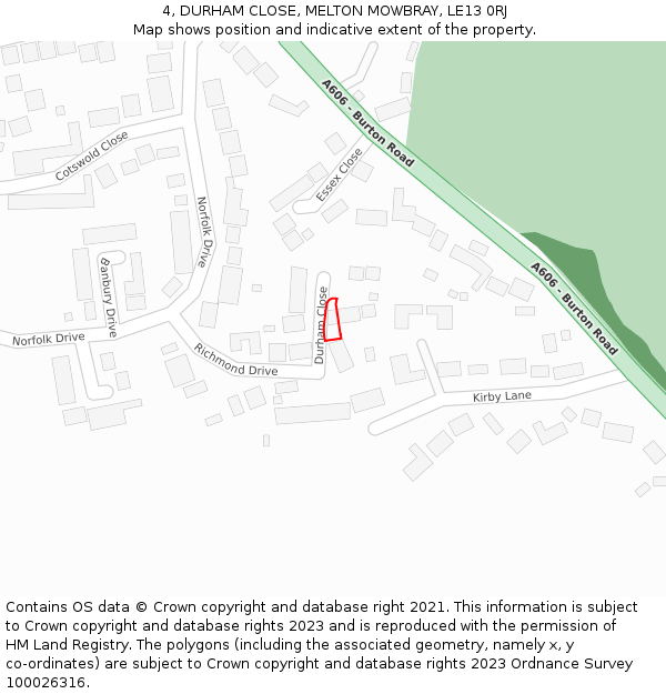 4, DURHAM CLOSE, MELTON MOWBRAY, LE13 0RJ: Location map and indicative extent of plot