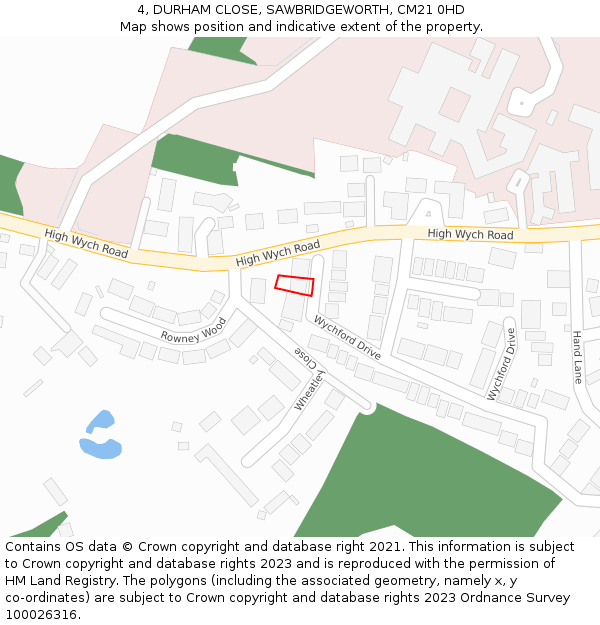 4, DURHAM CLOSE, SAWBRIDGEWORTH, CM21 0HD: Location map and indicative extent of plot
