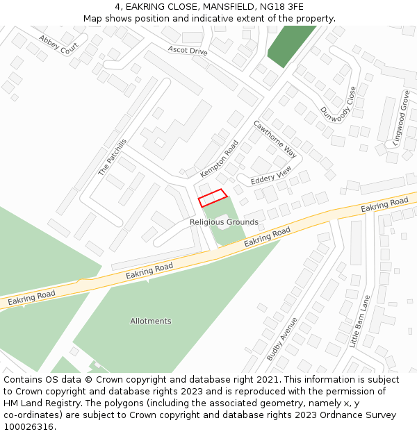 4, EAKRING CLOSE, MANSFIELD, NG18 3FE: Location map and indicative extent of plot