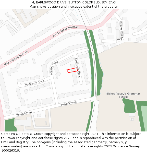 4, EARLSWOOD DRIVE, SUTTON COLDFIELD, B74 2NG: Location map and indicative extent of plot