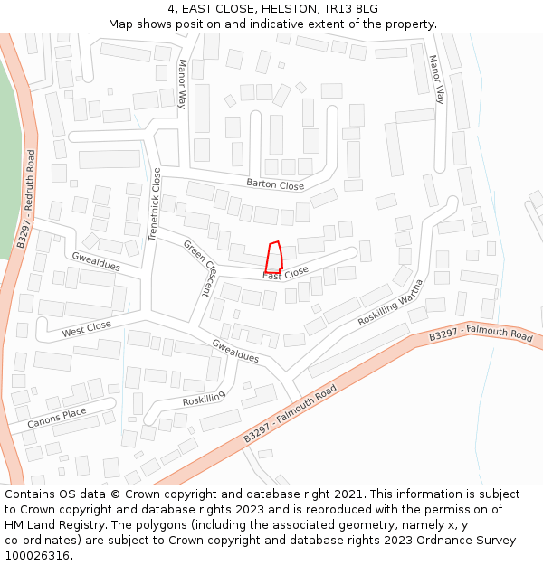 4, EAST CLOSE, HELSTON, TR13 8LG: Location map and indicative extent of plot