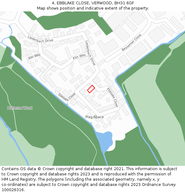 4, EBBLAKE CLOSE, VERWOOD, BH31 6GF: Location map and indicative extent of plot