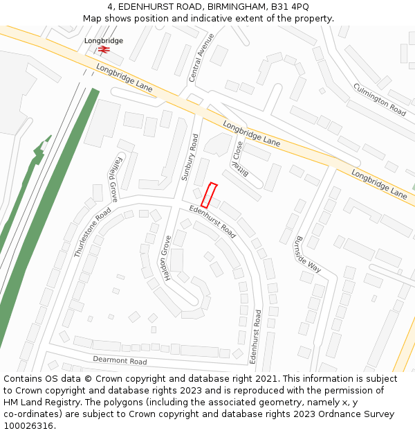 4, EDENHURST ROAD, BIRMINGHAM, B31 4PQ: Location map and indicative extent of plot