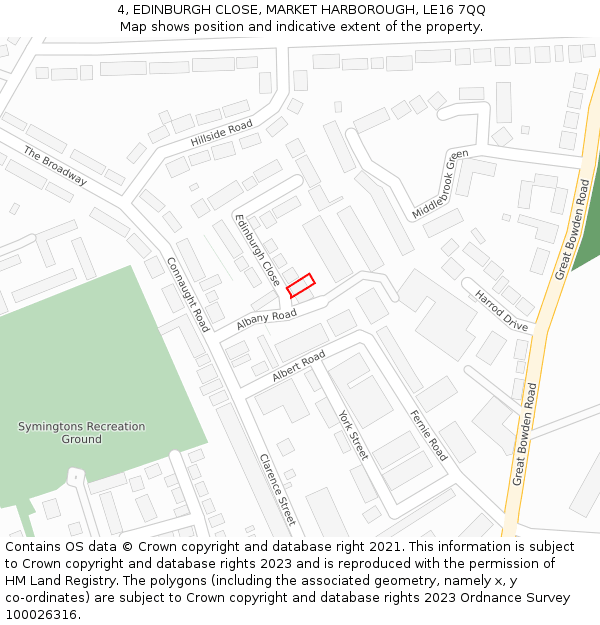 4, EDINBURGH CLOSE, MARKET HARBOROUGH, LE16 7QQ: Location map and indicative extent of plot