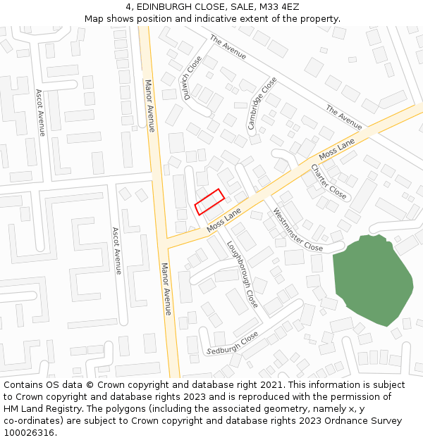 4, EDINBURGH CLOSE, SALE, M33 4EZ: Location map and indicative extent of plot
