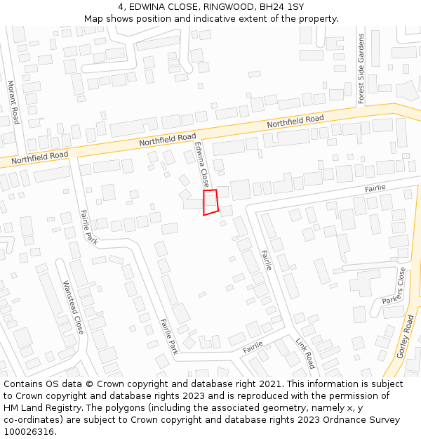 4, EDWINA CLOSE, RINGWOOD, BH24 1SY: Location map and indicative extent of plot