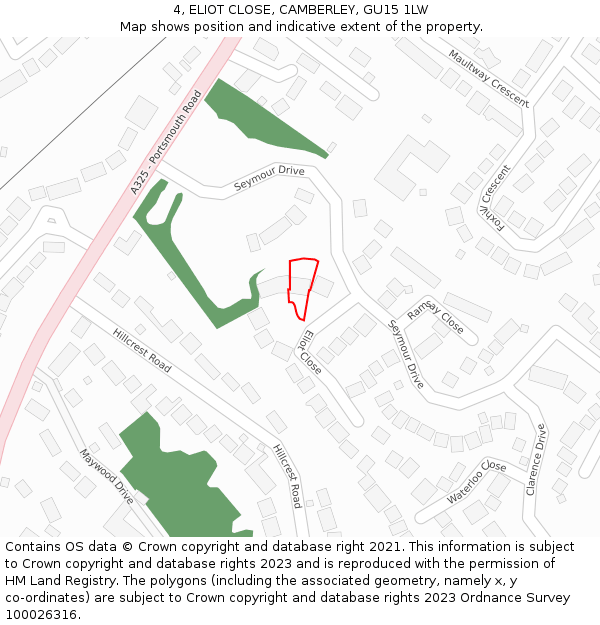 4, ELIOT CLOSE, CAMBERLEY, GU15 1LW: Location map and indicative extent of plot