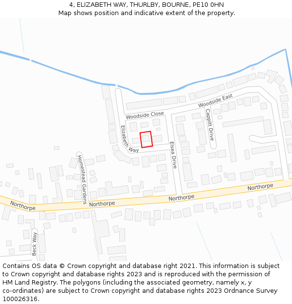 4, ELIZABETH WAY, THURLBY, BOURNE, PE10 0HN: Location map and indicative extent of plot