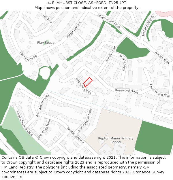 4, ELMHURST CLOSE, ASHFORD, TN25 4PT: Location map and indicative extent of plot