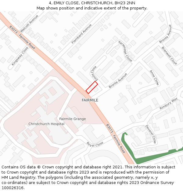 4, EMILY CLOSE, CHRISTCHURCH, BH23 2NN: Location map and indicative extent of plot