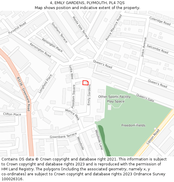4, EMILY GARDENS, PLYMOUTH, PL4 7QS: Location map and indicative extent of plot