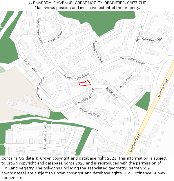 4, ENNERDALE AVENUE, GREAT NOTLEY, BRAINTREE, CM77 7UE: Location map and indicative extent of plot