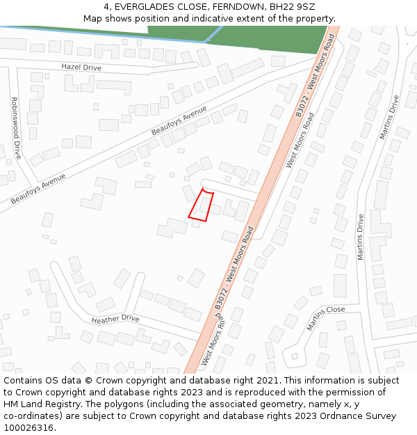 4, EVERGLADES CLOSE, FERNDOWN, BH22 9SZ: Location map and indicative extent of plot