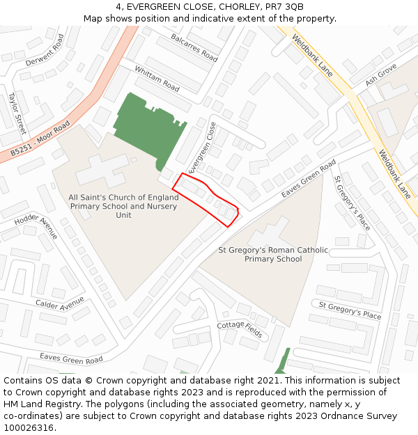 4, EVERGREEN CLOSE, CHORLEY, PR7 3QB: Location map and indicative extent of plot