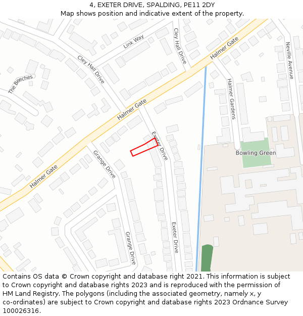 4, EXETER DRIVE, SPALDING, PE11 2DY: Location map and indicative extent of plot