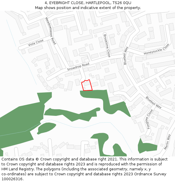 4, EYEBRIGHT CLOSE, HARTLEPOOL, TS26 0QU: Location map and indicative extent of plot