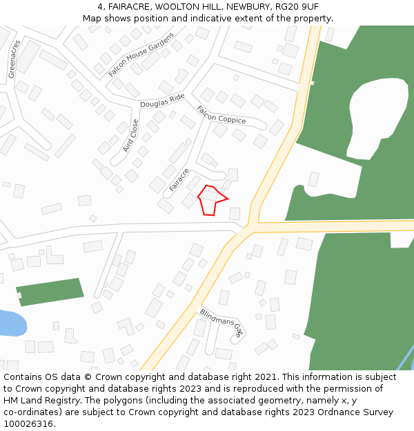 4, FAIRACRE, WOOLTON HILL, NEWBURY, RG20 9UF: Location map and indicative extent of plot