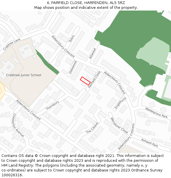 4, FAIRFIELD CLOSE, HARPENDEN, AL5 5RZ: Location map and indicative extent of plot