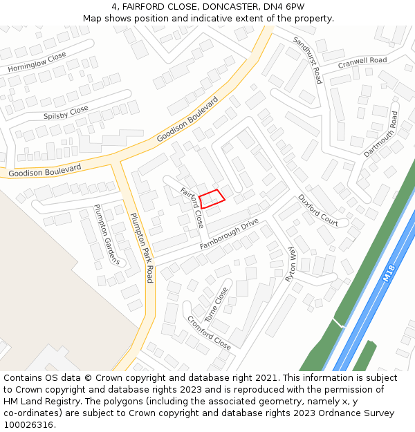 4, FAIRFORD CLOSE, DONCASTER, DN4 6PW: Location map and indicative extent of plot