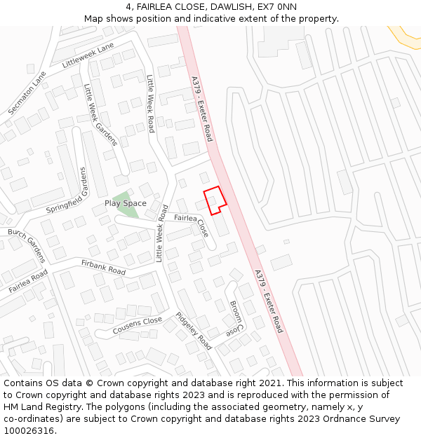 4, FAIRLEA CLOSE, DAWLISH, EX7 0NN: Location map and indicative extent of plot