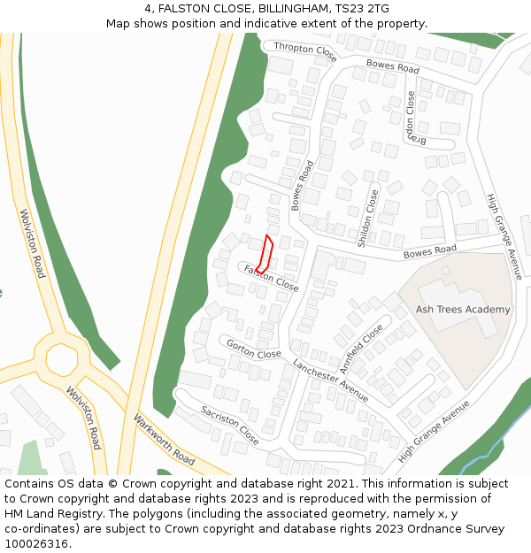 4, FALSTON CLOSE, BILLINGHAM, TS23 2TG: Location map and indicative extent of plot