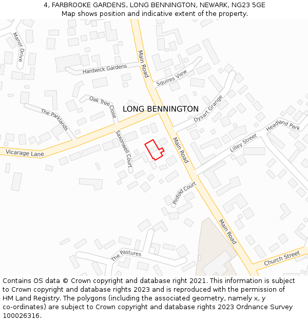 4, FARBROOKE GARDENS, LONG BENNINGTON, NEWARK, NG23 5GE: Location map and indicative extent of plot