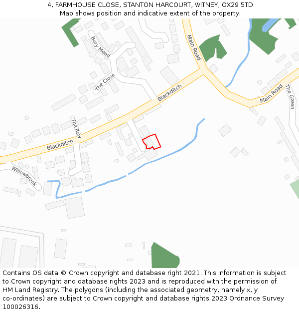 4, FARMHOUSE CLOSE, STANTON HARCOURT, WITNEY, OX29 5TD: Location map and indicative extent of plot