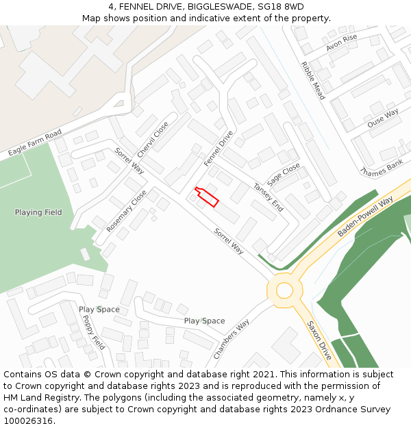 4, FENNEL DRIVE, BIGGLESWADE, SG18 8WD: Location map and indicative extent of plot