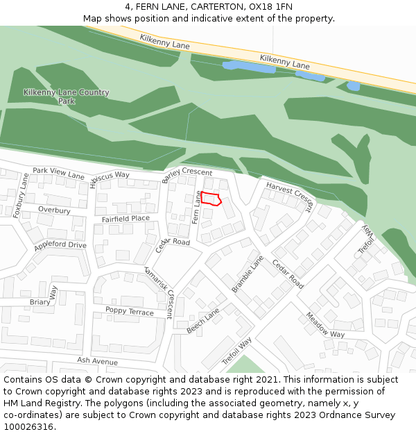 4, FERN LANE, CARTERTON, OX18 1FN: Location map and indicative extent of plot