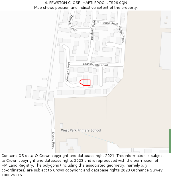 4, FEWSTON CLOSE, HARTLEPOOL, TS26 0QN: Location map and indicative extent of plot