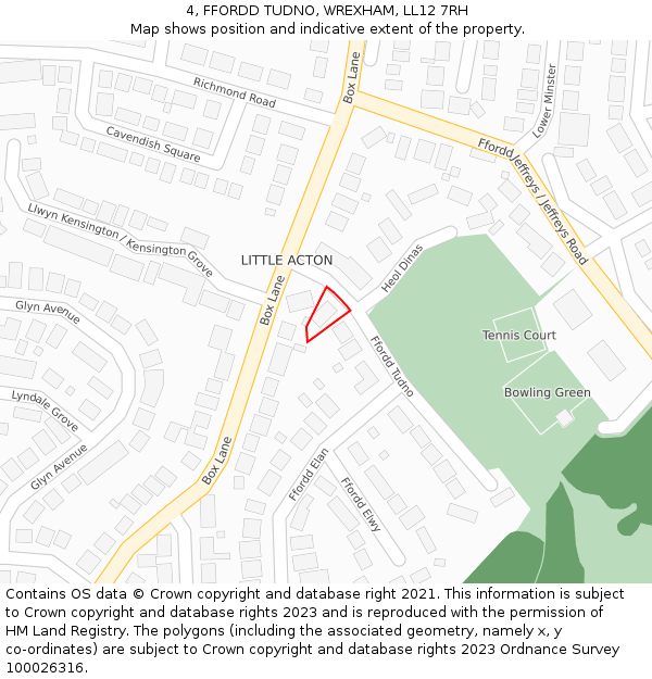 4, FFORDD TUDNO, WREXHAM, LL12 7RH: Location map and indicative extent of plot