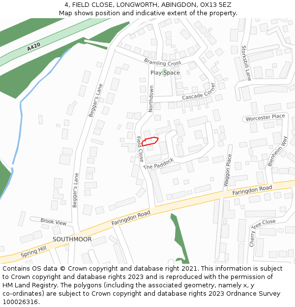 4, FIELD CLOSE, LONGWORTH, ABINGDON, OX13 5EZ: Location map and indicative extent of plot