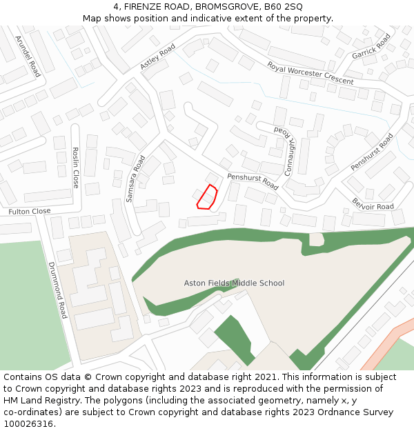 4, FIRENZE ROAD, BROMSGROVE, B60 2SQ: Location map and indicative extent of plot