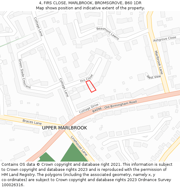 4, FIRS CLOSE, MARLBROOK, BROMSGROVE, B60 1DR: Location map and indicative extent of plot