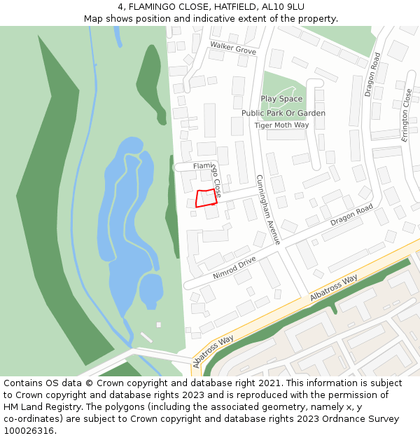 4, FLAMINGO CLOSE, HATFIELD, AL10 9LU: Location map and indicative extent of plot
