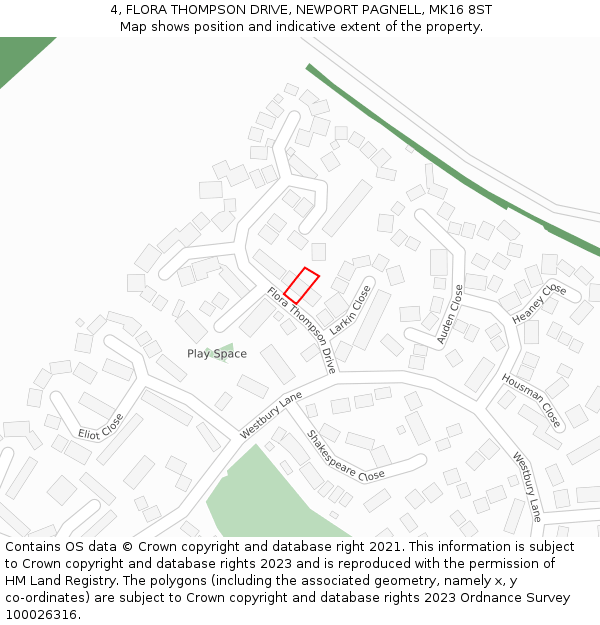 4, FLORA THOMPSON DRIVE, NEWPORT PAGNELL, MK16 8ST: Location map and indicative extent of plot