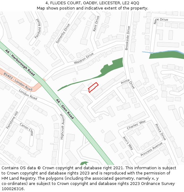 4, FLUDES COURT, OADBY, LEICESTER, LE2 4QQ: Location map and indicative extent of plot