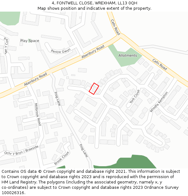 4, FONTWELL CLOSE, WREXHAM, LL13 0QH: Location map and indicative extent of plot