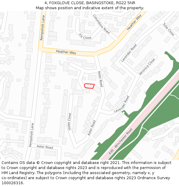 4, FOXGLOVE CLOSE, BASINGSTOKE, RG22 5NR: Location map and indicative extent of plot