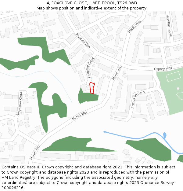 4, FOXGLOVE CLOSE, HARTLEPOOL, TS26 0WB: Location map and indicative extent of plot