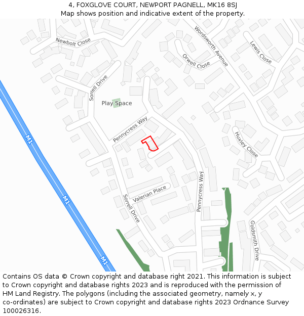 4, FOXGLOVE COURT, NEWPORT PAGNELL, MK16 8SJ: Location map and indicative extent of plot