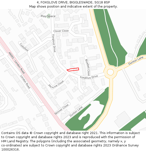 4, FOXGLOVE DRIVE, BIGGLESWADE, SG18 8SP: Location map and indicative extent of plot