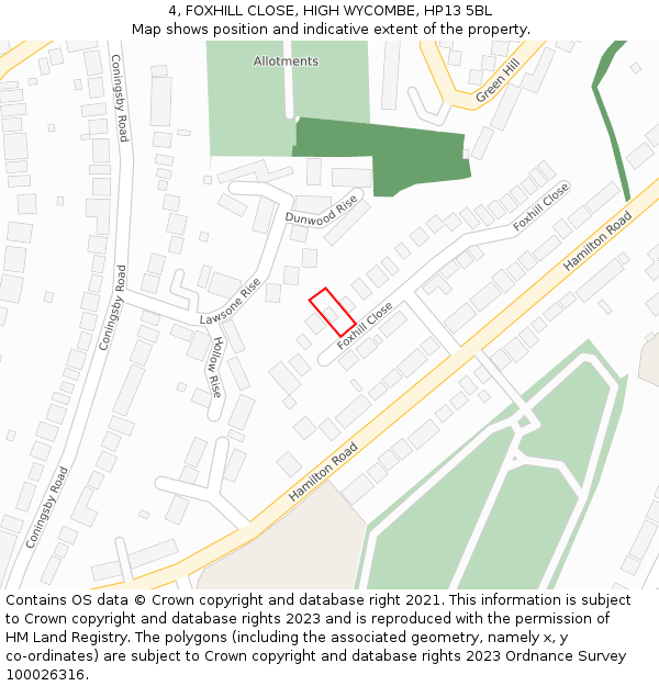 4, FOXHILL CLOSE, HIGH WYCOMBE, HP13 5BL: Location map and indicative extent of plot